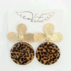 Virtue Jewelry Lotus Flower Round Acrylic Spotted Cheetah 24K Gold Plated Post